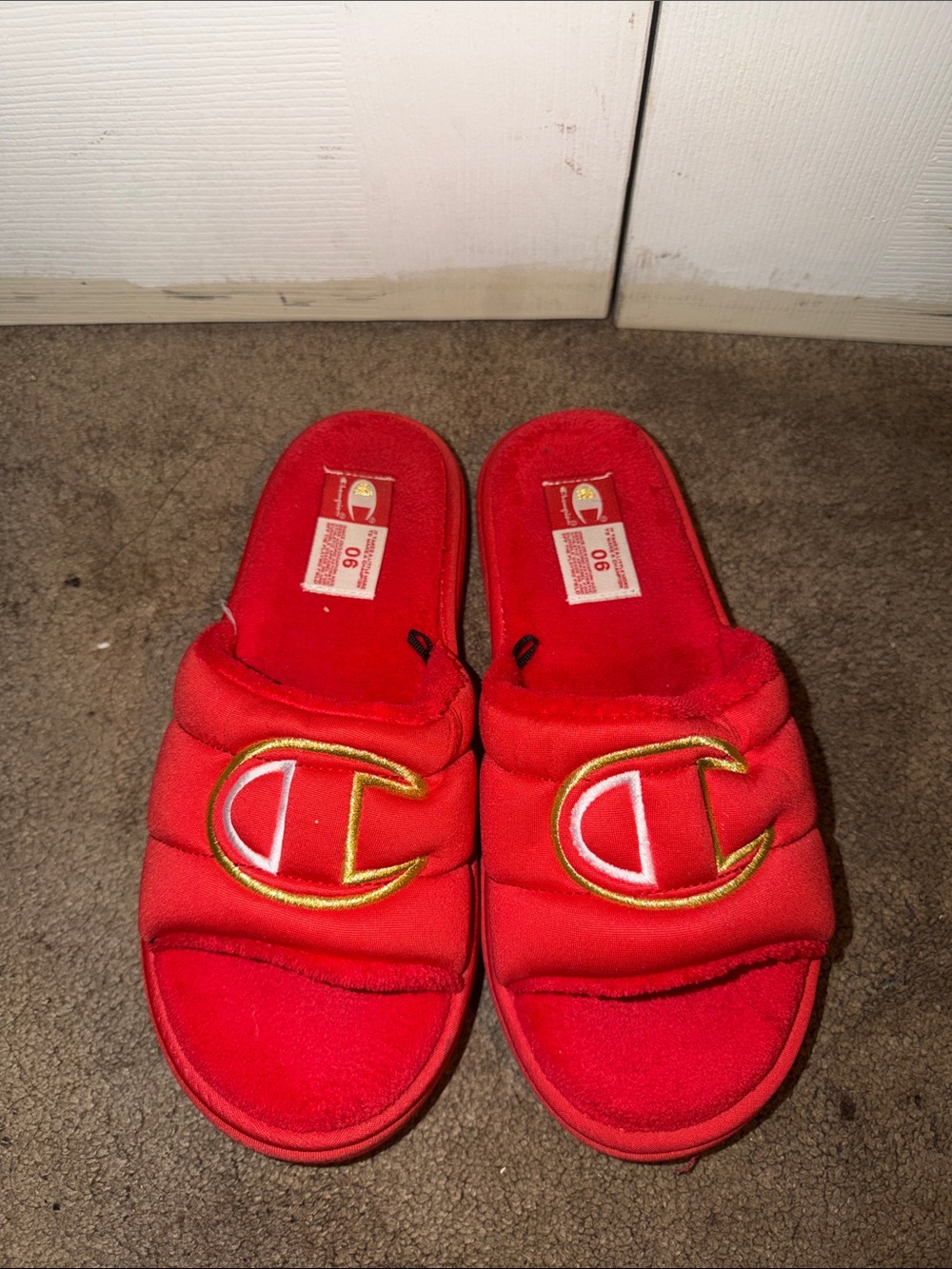 Champion Red Plush Slide Sandals with Gold-Trim C Logo